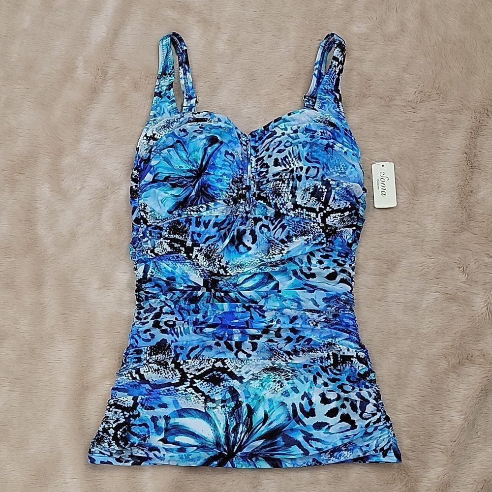 SOMA COTTEX OASIS SHADES OF BLUE ANIMAL PRINT TANKINI SWIM TOP, SIZE 12 - NEW - Picture 4 of 16